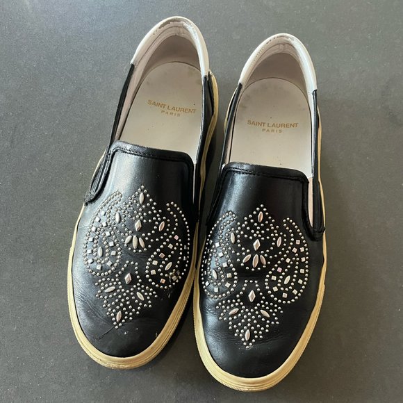 Womens Saint Laurent Black Studded Leather Slip-on Shoes - Picture 1 of 5